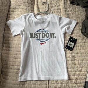 Nike White Kids' 'Just Do It.' Graphic Tee with Blue Globe and Red Swoosh